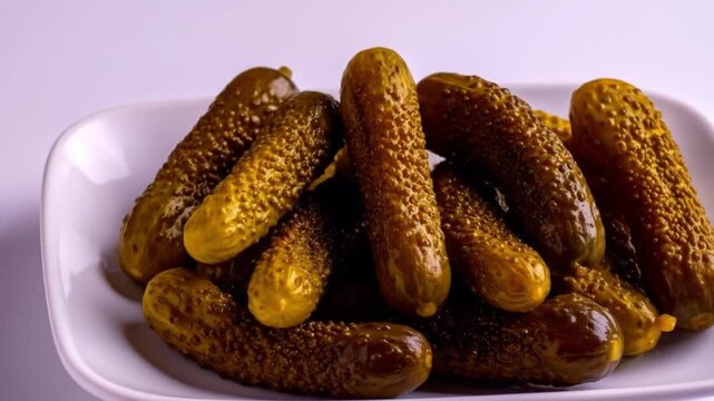 Close up of crunchy pickles on a white plate against a simple background