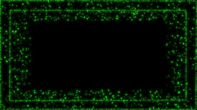 Animated Green Glitter Sparkle Frame Loop On Black Background  Shimmering Particle Rectangle Border For Festive And Elegant Video Overlay, Dynamic Green Glitter Frame With Sparkling Star Particles On 