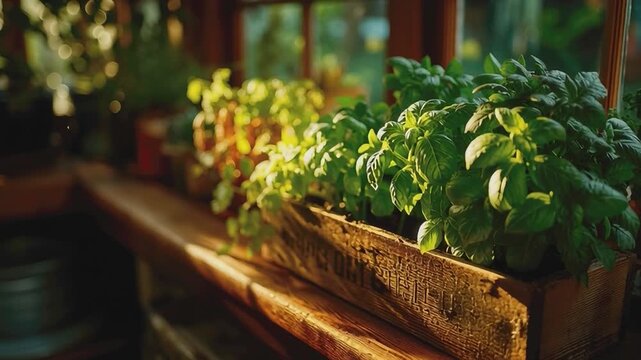 Aromas of Growth: Basil plants thrive in a wooden planter, bathed in the soft glow of natural light, showcasing the beauty of urban gardening.