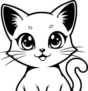 Anime cat character with big expressive eyes and cute kitten features for manga and cheerful pet concept &ndash; Black and White Vector Illustration