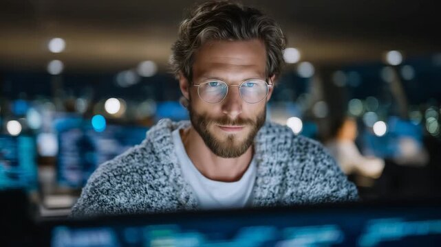 149Close-up of focused AI developer at computer, hyper-realistic program code with complex algorithms visible, bright office interior, modern coding and innovation visual