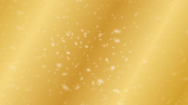 White snowflakes being lit up and falling down on gold gradient moving background. Abstract background for Merry Christmas, Happy Holidays, Season's greetings, Happy Valentine's day and winter season.