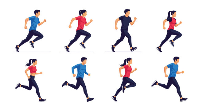 Set of people in diverse athletic wear performing various running and jogging motions for sports and fitness concepts.