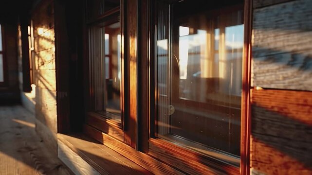 Warm Sunlight on Rustic Windows: Golden sunlight bathes a row of rustic windows, casting long shadows across the weathered wooden frame, evoking feelings of warmth and tranquility.