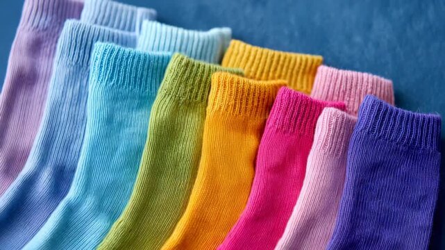 184Close-up textile texture of colorful socks laid flat, vivid color transitions and realistic fabric detail, minimal shadows, clean commercial product background