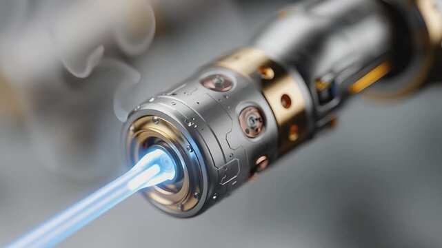 High-Tech Energy Projector: A close-up showcases a technologically advanced energy projector emitting a concentrated beam of vibrant light, with intricate metallic details and subtle vapor emission. 