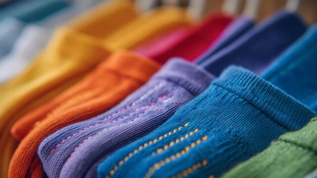 185Close-up of colorful socks arranged diagonally across frame, high-detail textile texture and stitching visible, smooth lighting for modern product advertising background