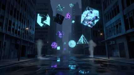 Digital geometric shapes float above a dark, rainy city street, creating a mysterious visual display for supernatural and sci-fi themes.
