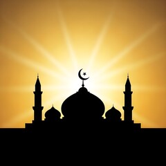 Symmetrical Mosque Silhouette with Shining Light Rays and Crescent Moon Symbol for Islamic Festivals