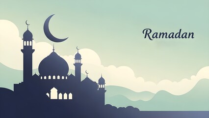 Ramadan Greeting with Crescent Moon and Silhouette Mosque against a Soft Gradient Sky