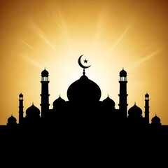 Silhouette of a Grand Mosque with Dome and Minarets Against a Bright Golden Radiant Sunburst Background