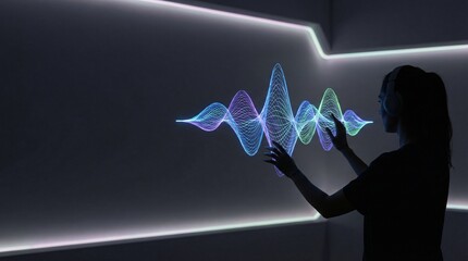 Person interacting with multicolored digital waveform projection in dark room symbolizing sound visualization, data waves, interactive design and futuristic human-computer technology interface