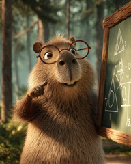 Capybara wearing glasses points to a board with geometric drawings