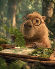 A capybara teacher wearing glasses studies fern leaves.