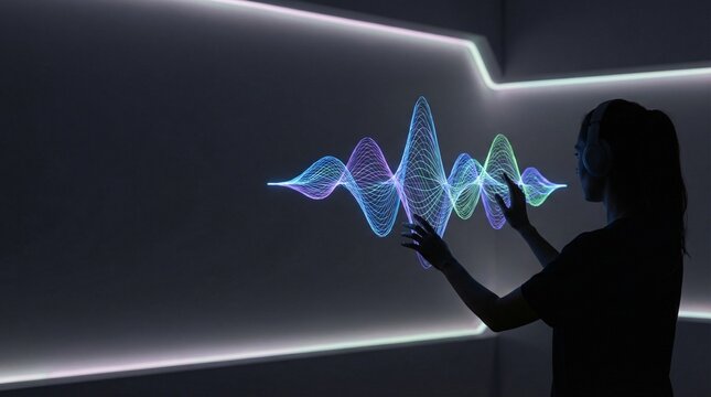 Person interacting with multicolored digital waveform projection in dark room symbolizing sound visualization, data waves, interactive design and futuristic human-computer technology interface - Powered by Adobe