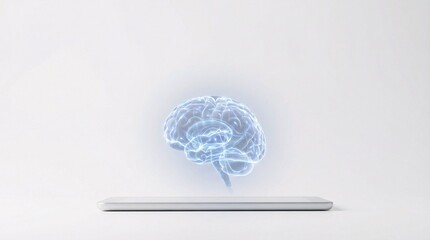 Digital holographic human brain hovering above tablet device with glowing neon lines symbolizing artificial intelligence, machine learning, neuroscience, innovation and futuristic smart technology