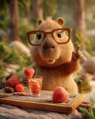 The capybara wearing glasses demonstrates how to make a strawberry cocktail