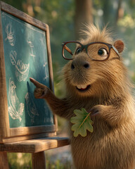 A teacher wearing glasses points to the blackboard while talking about plants.