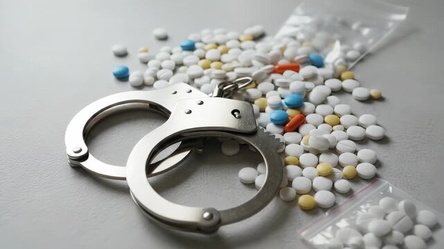 Handcuffs resting on a scattered pile of various colorful pills and tablets in plastic bags, representing drug trafficking, pharmaceutical crime, illegal substances, and addiction issues