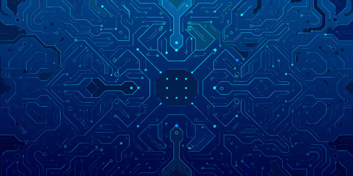 Intricate blue circuit board pattern with symmetrical design and glowing lines