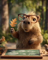Capybara wearing glasses talks about plants while holding an oak leaf in its hand.