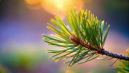 Close up of evergreen pine branch with bright green needles and soft bokeh - Powered by Adobe