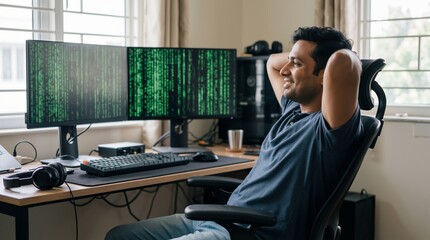 Indian man sitting in ergonomic chair with hands behind head smiling while looking at computer screens with code in home office. Successful software development and remote work lifestyle