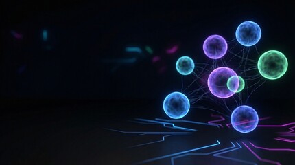 Glowing interconnected digital spheres with neon circuit patterns symbolizing neural networks, data connectivity and futuristic technology