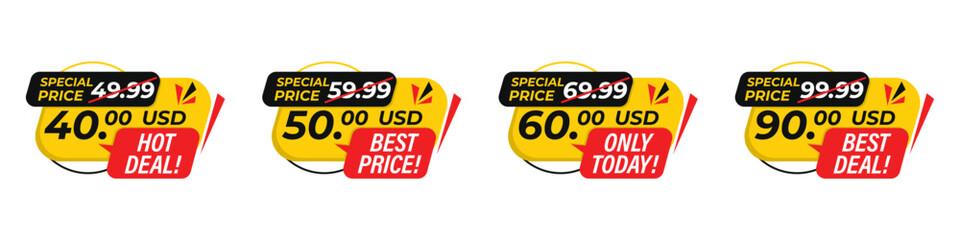 Fototapeta na wymiar Sale price tags and discount labels collection. Bright promotional stickers with special offers