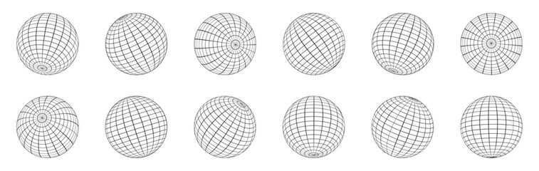Obraz premium Wireframe sphere grid set in different perspectives. Technical abstract shapes for science and technology visuals