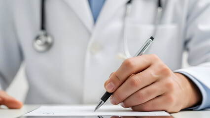 A doctor's hand writing a prescription on a medical document with a pen, close-up view of a healthcare professional's workspace