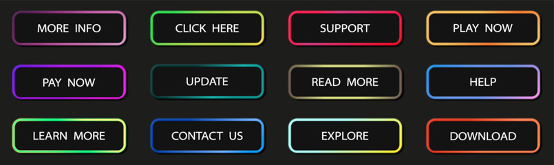 Neon gradient buttons set on dark background. Modern glowing interface elements for web and mobile applications