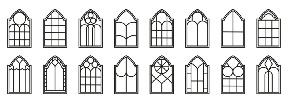Gothic window icons set with architectural stained glass shapes. Medieval church window silhouettes