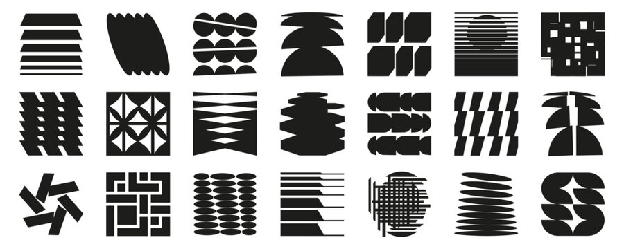 Abstract black geometric shapes collection. Modern brutal graphic elements with bold silhouettes