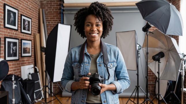 Smiling black woman photographer with afro hair holding camera in studio with lighting equipment. Creative career and artistic profession