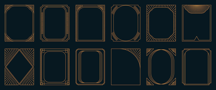 Art deco geometric frames with thin golden lines on dark background. Elegant vintage borders