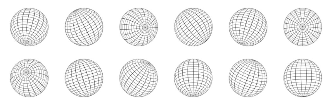 Wireframe sphere grid set in different perspectives. Technical abstract shapes for science and technology visuals