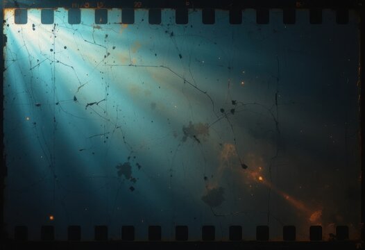 Textura de tira de pel&iacute;cula de proyector antiguo con ara&ntilde;azos, destellos de luz y marcas de quemaduras