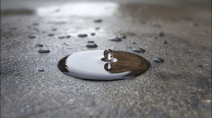 A single transparent water droplet creates ripples as it splashes into a dark puddle on a textured concrete floor