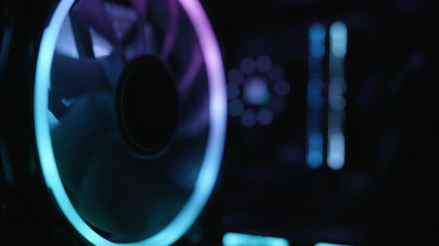 A sequence focusing on spinning RGB cooling fans inside a dark PC case. The lighting transitions between vibrant cyan, blue, and magenta hues, showcasing the dynamic glow of the gaming hardware compo