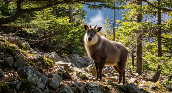 Japanese serow standing in a forested mountain habitat. A goat antelope species native to Japan, known for thick fur, short horns, and adaptability to rugged terrain.