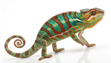 Obraz premium Colorful veiled chameleon isolated on white background for reptiles and nature education