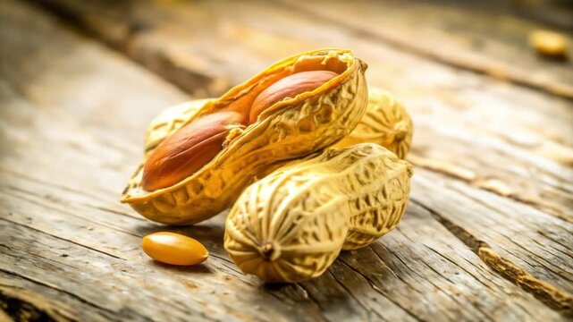 Close up of fresh peanuts in shells on wooden surface