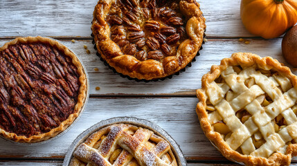 A variety of delicious homemade pies on a rustic wooden table with small pumpkins