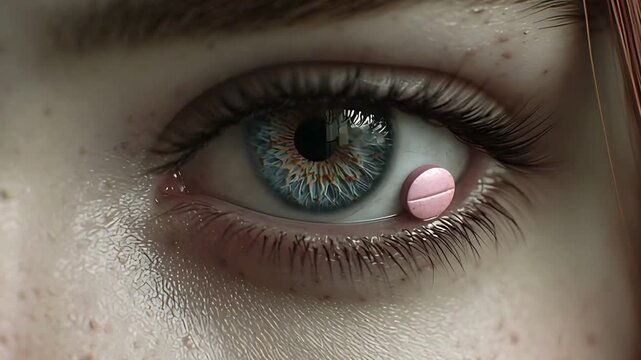 Close up of a female eye with a drug pill inside of it 