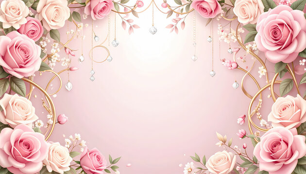 Romantic floral background with elegant pink and white roses, delicate blossoms, golden swirls, and sparkling gems, perfect for wedding invitations and celebrations