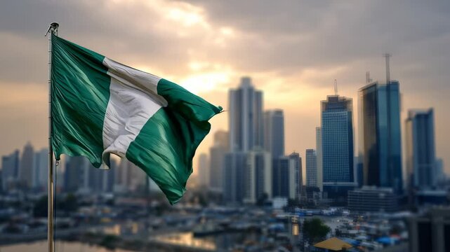 Nigerian flag waving against a city skyline during sunset in Lagos