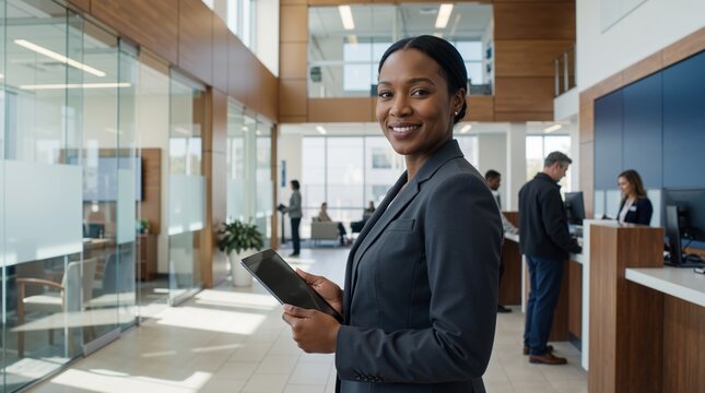 African american woman bank manager holding digital tablet and smiling in modern office lobby. Financial consulting and professional customer service banner with copy space
