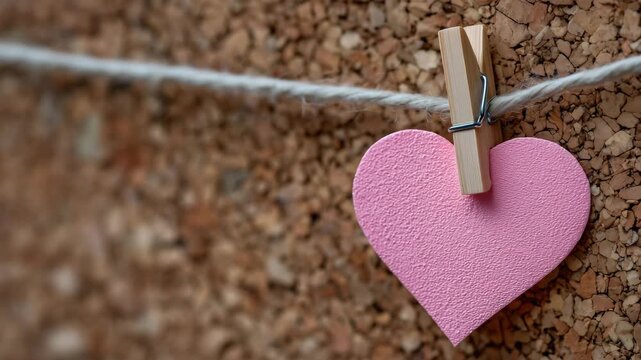 260Close-up of small heart-shaped note pinned to corkboard with a tiny clothespin, Valentine&rsquo;s message visual