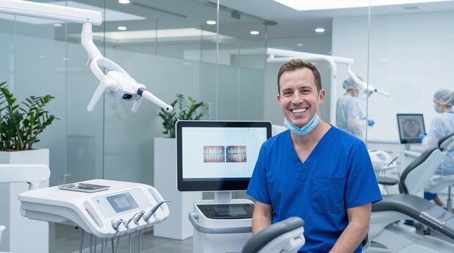 Caucasian male dentist in blue scrubs sitting in modern clinic with equipment and smiling. Professional healthcare and oral hygiene care banner with copy space
